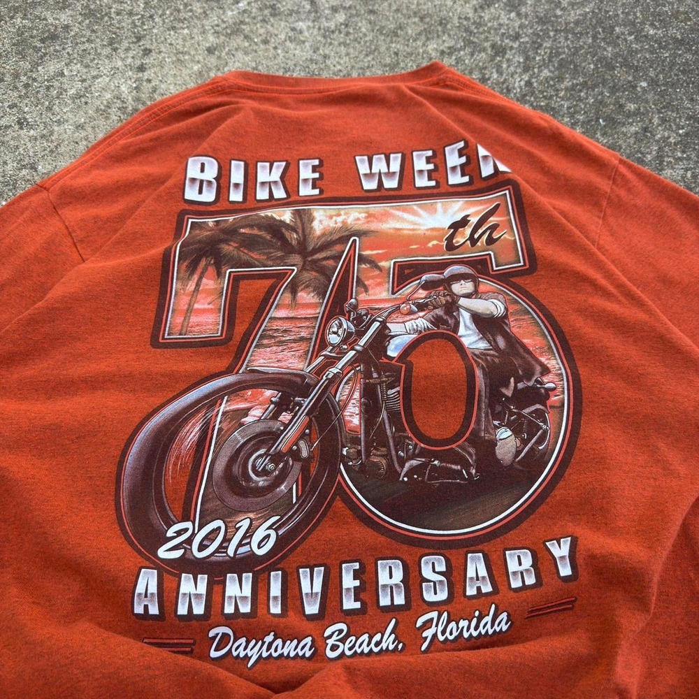 Vintage 2010s Gildan Daytona Bike Week 75th Anniversary Biker Tee Orange XL (f8)